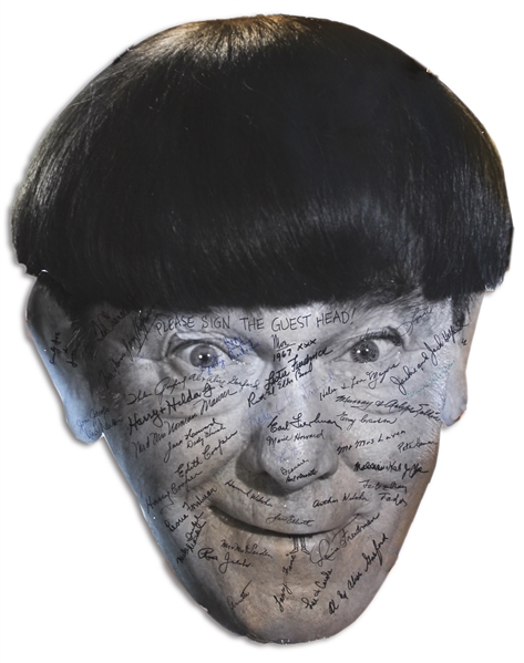 Poster of Moe Howard's Head, Signed by Him & His Guests Including Larry Fine & Curly Joe DeRita at His 70th Birthday Party -- Measures About 25'' x 30.5'' -- Some Chipping on Edges, Overall Very Good